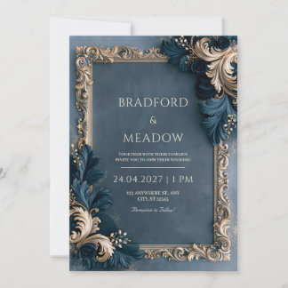 Convite Casamento Floral Barroco Dourado Marinho