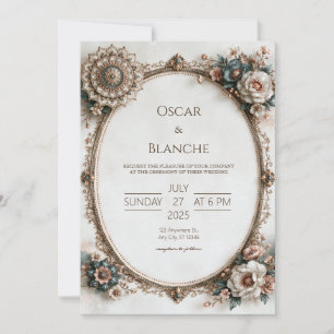 Convite Casamento Floral Barroco em Azul Poeira
