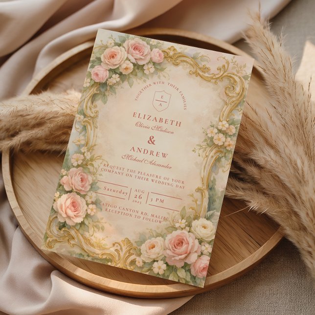 Convite Casamento Floral Barroco em Rosa Dourado (Criador carregado)
