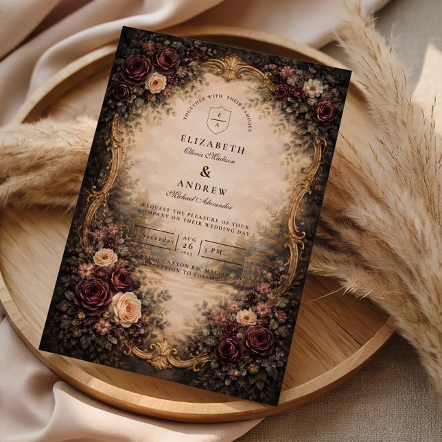 Convite Casamento Floral Barroco Escuro (Criador carregado)