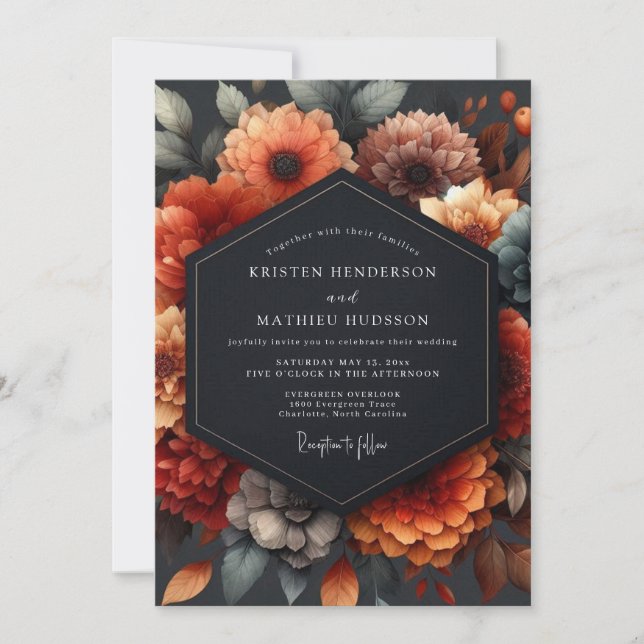 Convite Casamento Floral Barroco Laranja Queimada (Frente)