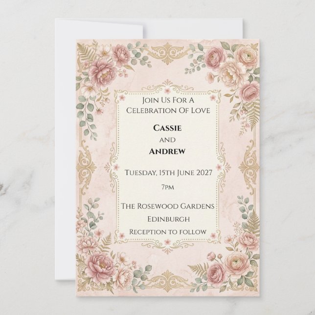 Convite Casamento Floral Bege (Frente)