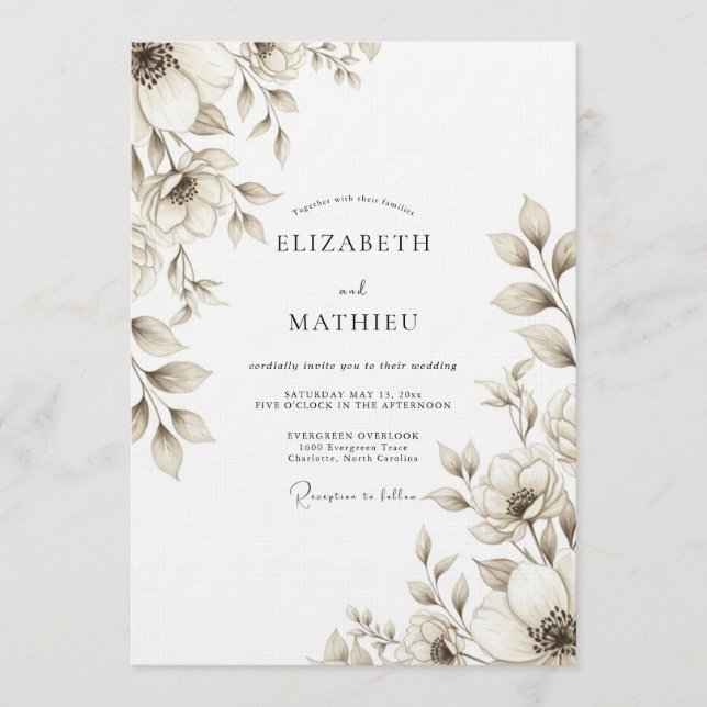 Convite Casamento Floral Bege (Frente)