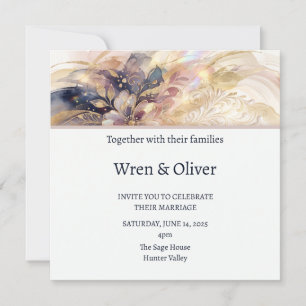 Convite Casamento Floral Bege Azul-Marinho