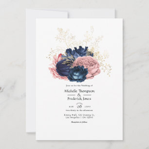Convite Casamento Floral Bege, Azul Marinho e Dourado