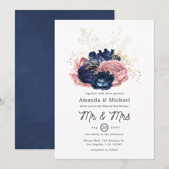 Convite Casamento Floral Bege, Azul Marinho e Dourado (Frente/Verso)