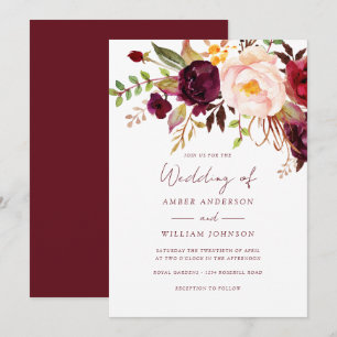 Convite Casamento Floral Bege Borgonha