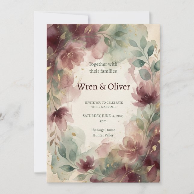 Convite Casamento Floral Bege Borgonha (Frente)