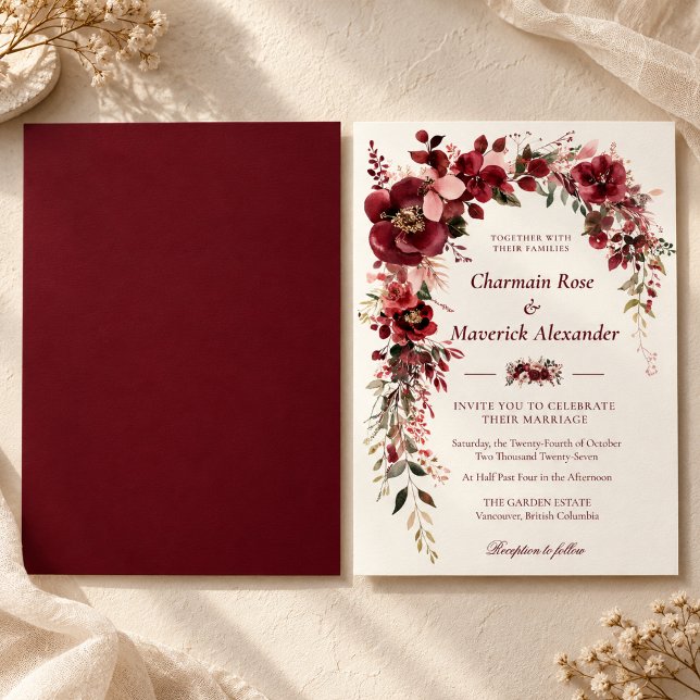 Convite Casamento Floral Bege Borgonha (Criador carregado)