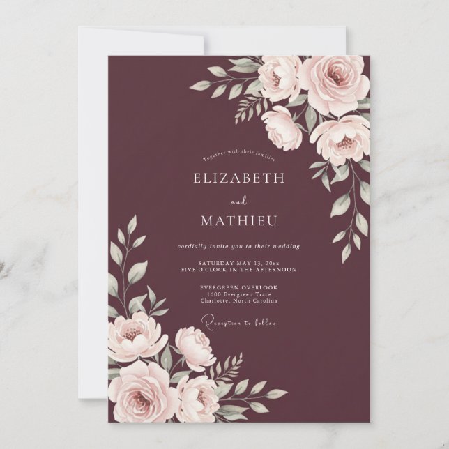 Convite Casamento Floral Bege Borgonha (Frente)