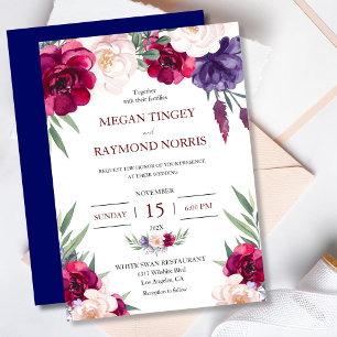 Convite Casamento Floral Bege Borgonha & Azul Naval Peônia