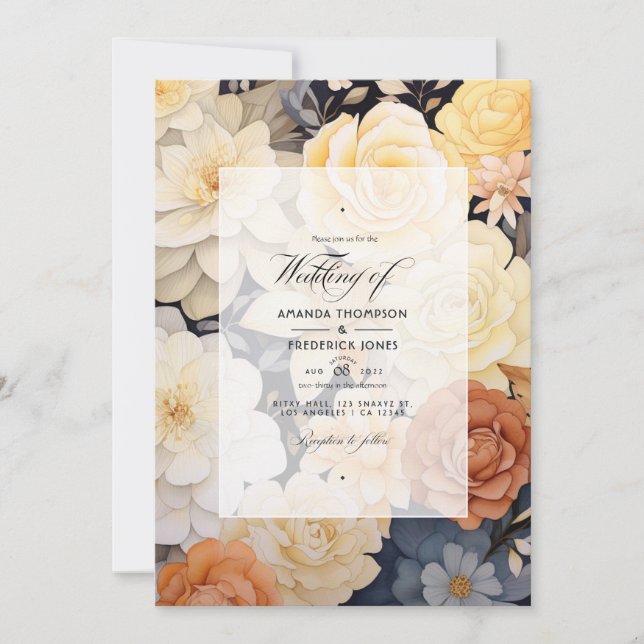 Convite Casamento Floral Bege Claro e Champanhe (Frente)