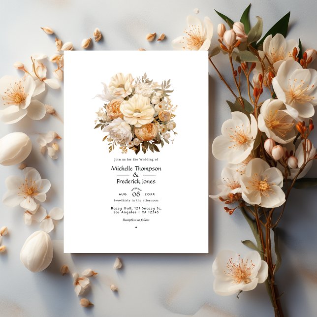 Convite Casamento Floral Bege Claro e Champanhe (Criador carregado)