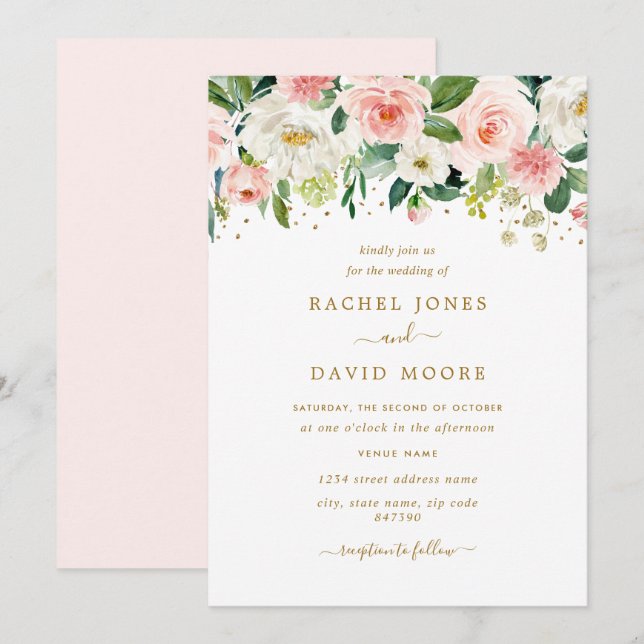 Convite Casamento Floral Bege Dourado (Frente/Verso)