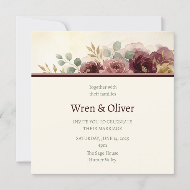 Convite Casamento Floral Bege e Borgonha (Frente)