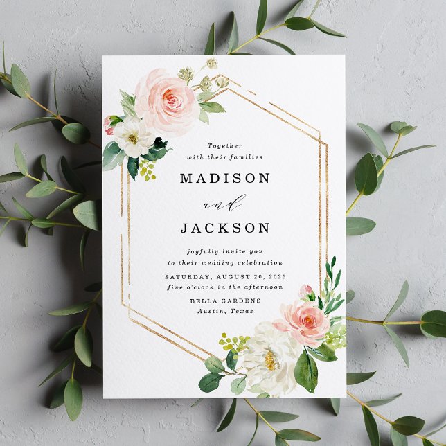 Convite Casamento Floral Bege Elegante Quadro Dourado (Criador carregado)