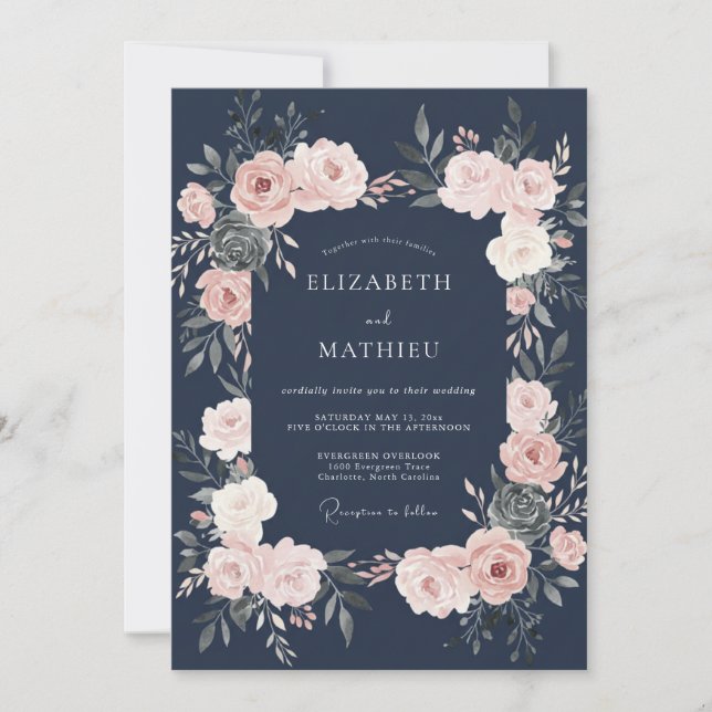 Convite Casamento Floral Bege Marinho (Frente)