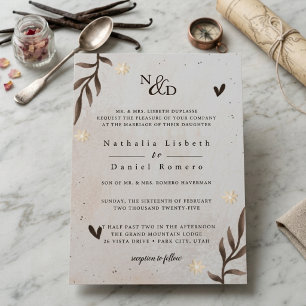 Convite Casamento Floral Bege Marrom Botânico Minimalista