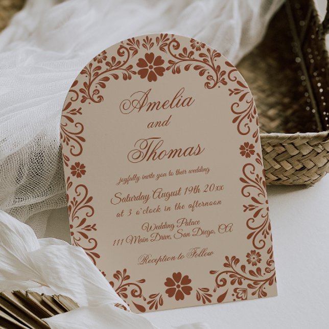 Convite Casamento Floral bege marrom Caprichoso  (Criador carregado)