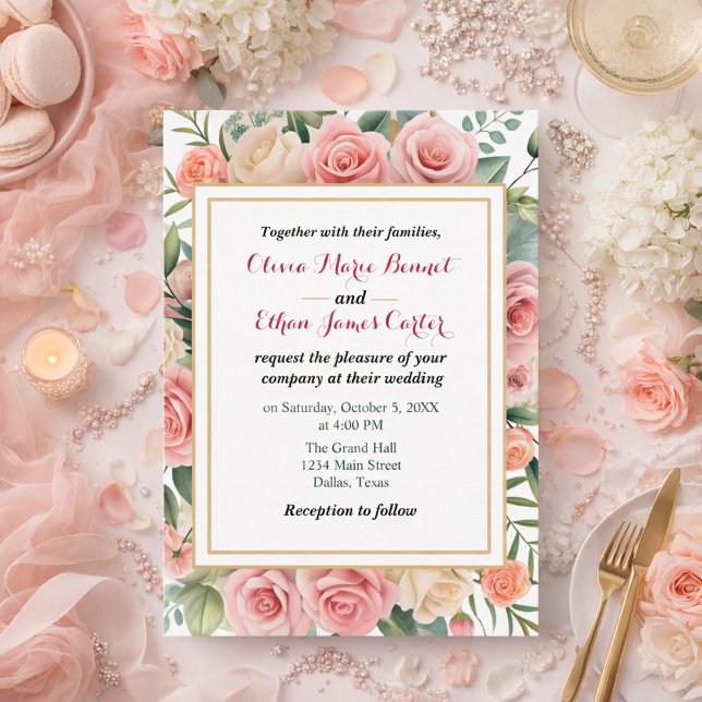 Convite Casamento Floral Bege Primavera Quadro Dourado  (Criador carregado)