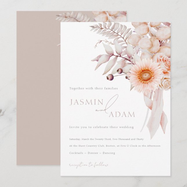 Convite Casamento Floral Bege Rosa Elegante (Frente/Verso)