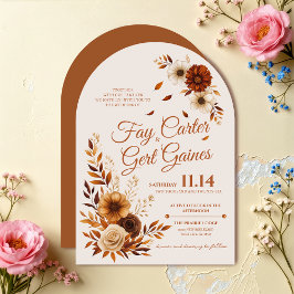 Convite Casamento Floral Bege Sienna Queimada Outono Rústi
