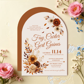 Convite Casamento Floral Bege Sienna Queimada Outono Rústi