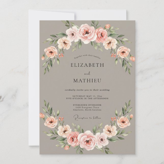 Convite Casamento Floral Bege Suave (Frente)