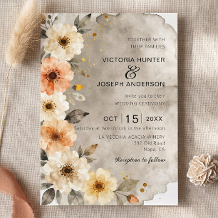 Convite Casamento Floral Bege Terracota Aquarela Outono