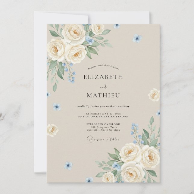 Convite Casamento Floral Beige Gracioso (Frente)