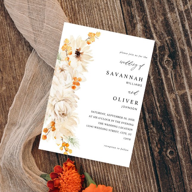 Convite Casamento Floral Beige & Orange (Criador carregado)