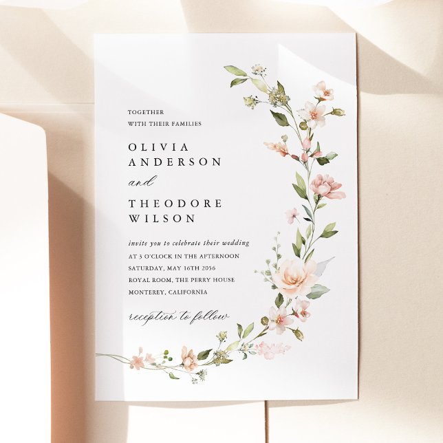 Convite Casamento Floral Beijo de Pêssego (Peach Blush Floral Wedding Invitation, Garden Wedding Invite Watercolor Botanical Wedding Stationery)