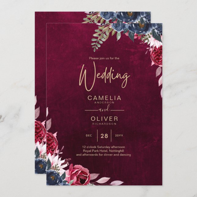 Convite Casamento Floral Berry Wine (Frente/Verso)