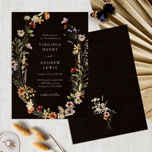 Convite Casamento Floral Black Boho (Black Boho Watercolor Floral Wedding Invitation by Painted Paperie
)