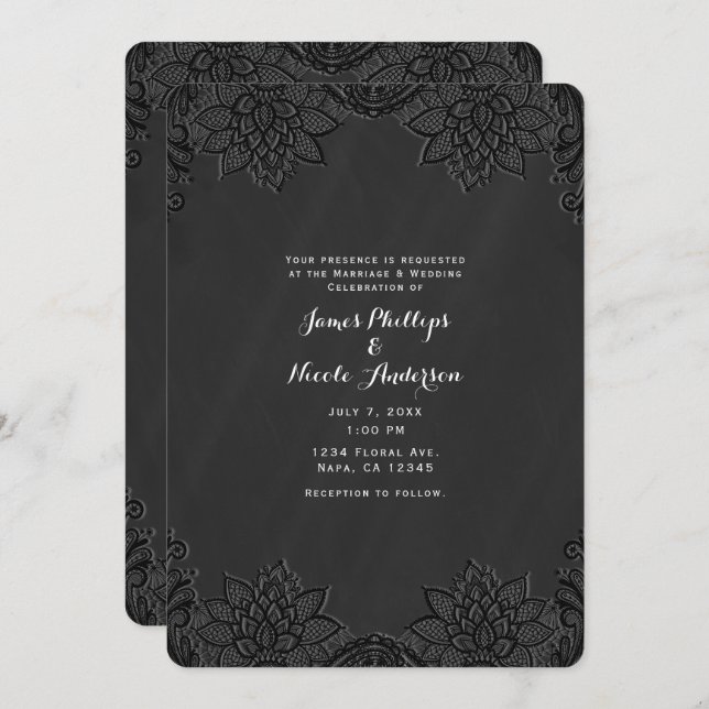 Convite Casamento Floral Black Chalkboard & Lace Country (Frente/Verso)