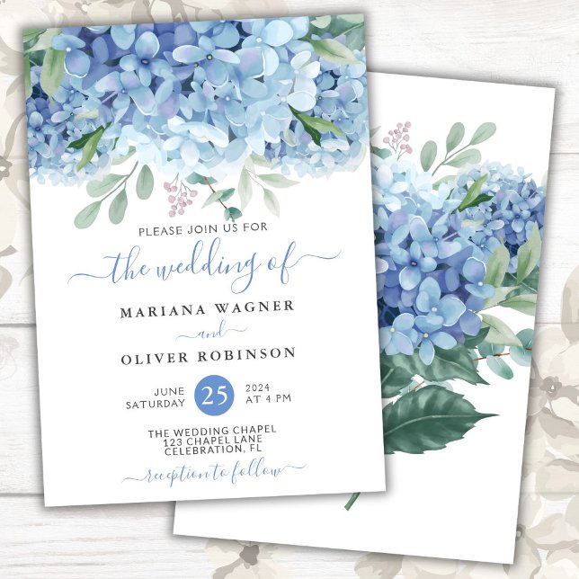 Convite Casamento Floral Blue Hydrangeas Watercolor (Criador carregado)