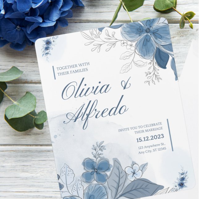 Convite Casamento Floral Blue Watercolor (Criador carregado)