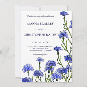 Convite Casamento Floral Blue Watercolor Cornflower