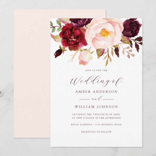 Convite Casamento Floral Blush Borgonha   (Frente/Verso)