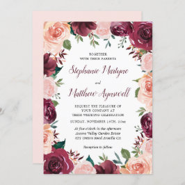 Convite Casamento Floral Blush Burgundy Rosa Border