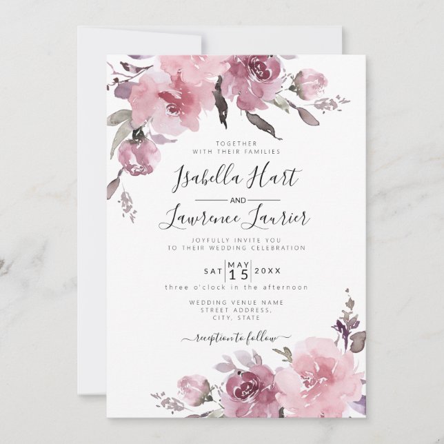 Convite Casamento Floral Blush Dusty Rosa Watercolor (Frente)
