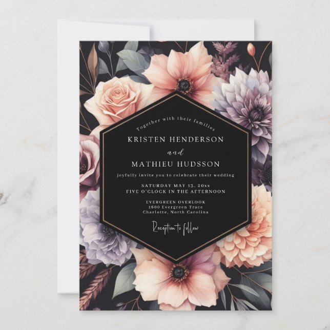 Convite Casamento Floral Blush Noir (Frente)