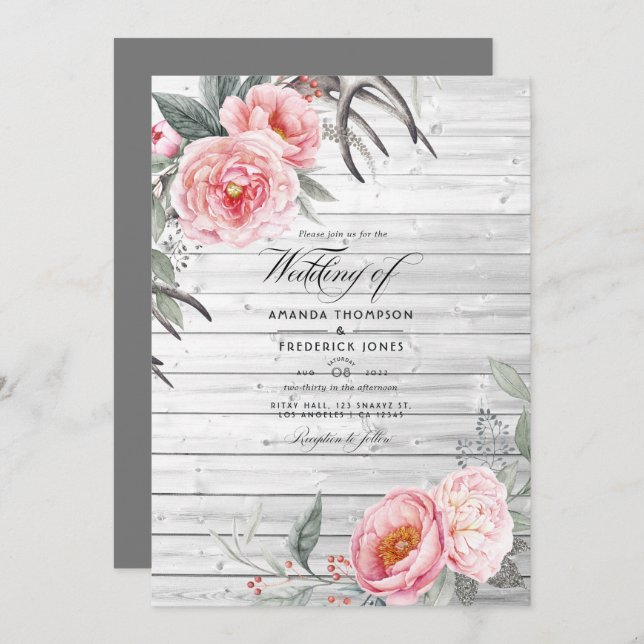 Convite Casamento Floral Boêmia Russo Rosa e Cinza (Frente/Verso)
