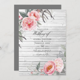 Convite Casamento Floral Boêmia Russo Rosa e Cinza