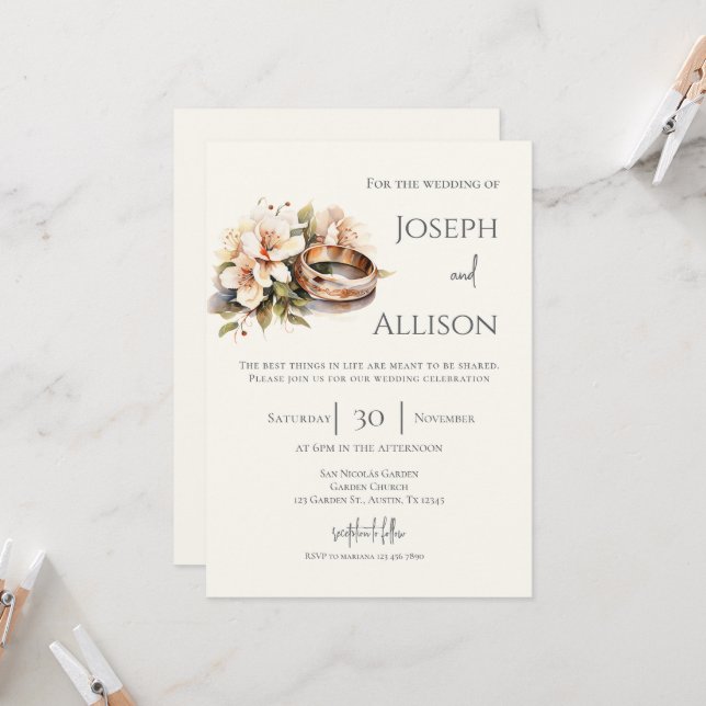 Convite Casamento floral boêmio com anéis (Frente/Verso In Situ)