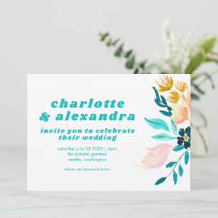 Convite Casamento Floral Boêmio em Aquarela Azul Teal e Do
