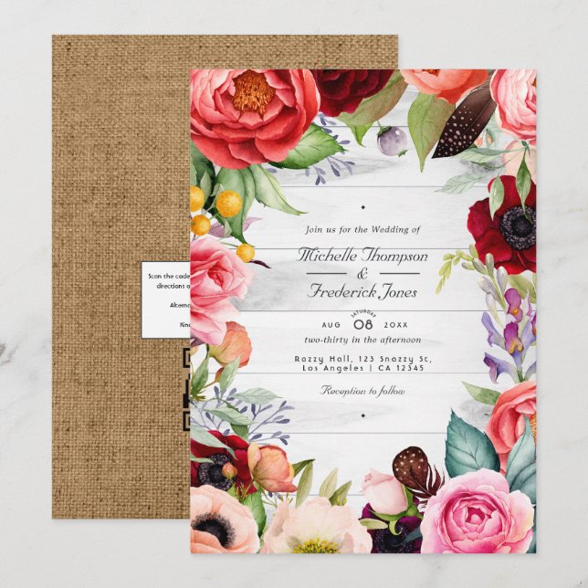 Convite Casamento Floral Boêmio Rústico com QR Code RSVP (Frente/Verso)