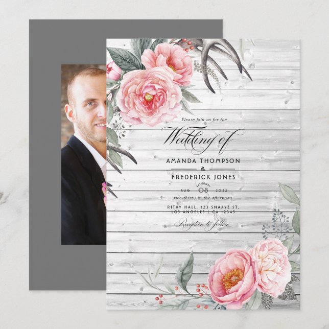 Convite Casamento Floral Boêmio Rústico Rosa e Cinza (Frente/Verso)