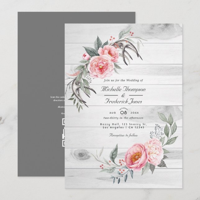 Convite Casamento Floral Boêmio Rústico Rosa e Cinza com C (Frente/Verso)