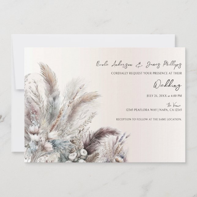 Convite Casamento Floral Boêmio Terroso com Penas (Frente)